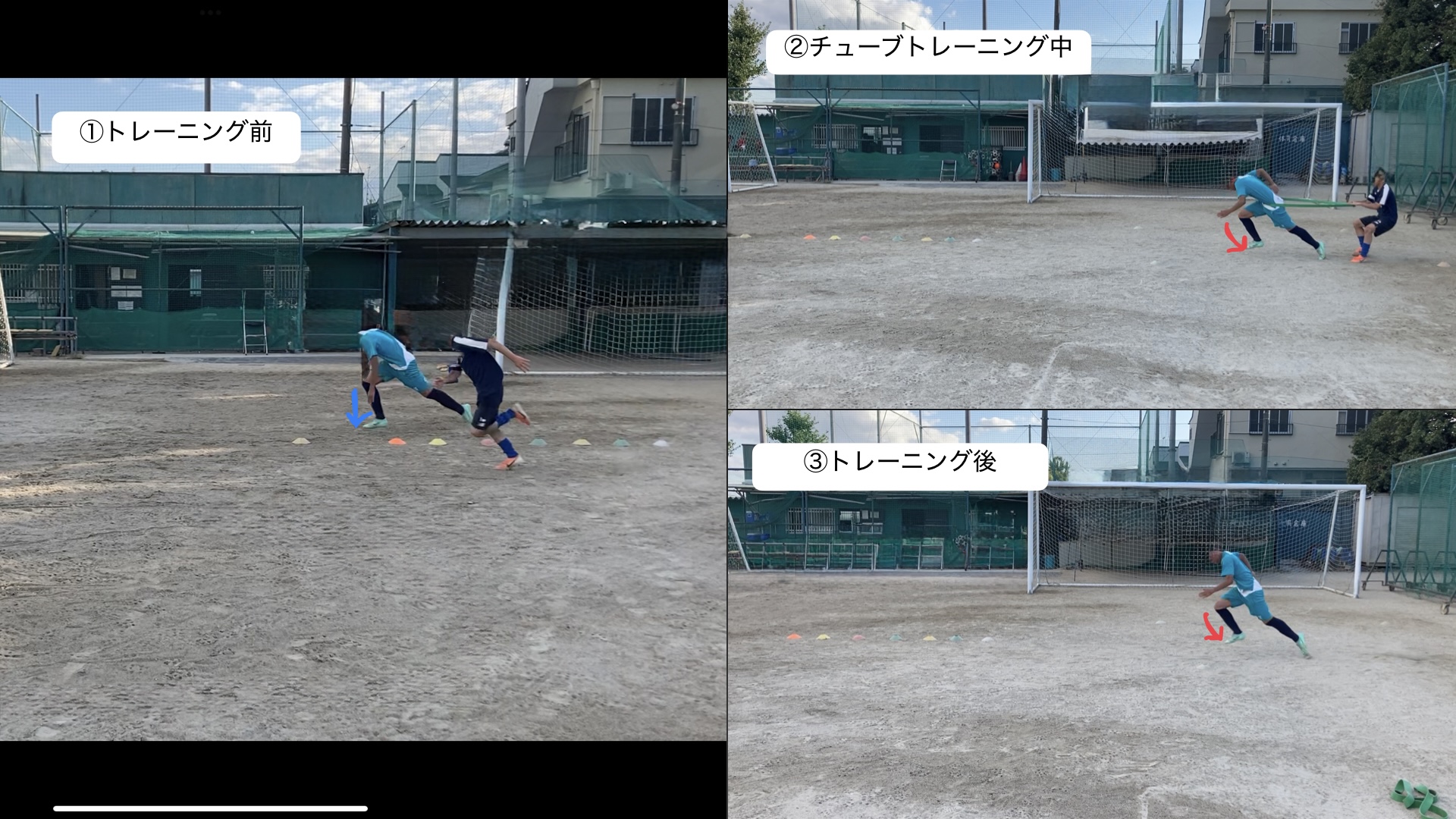 ①トレーニング前 ②チューブトレーニング中 ③トレーニング後